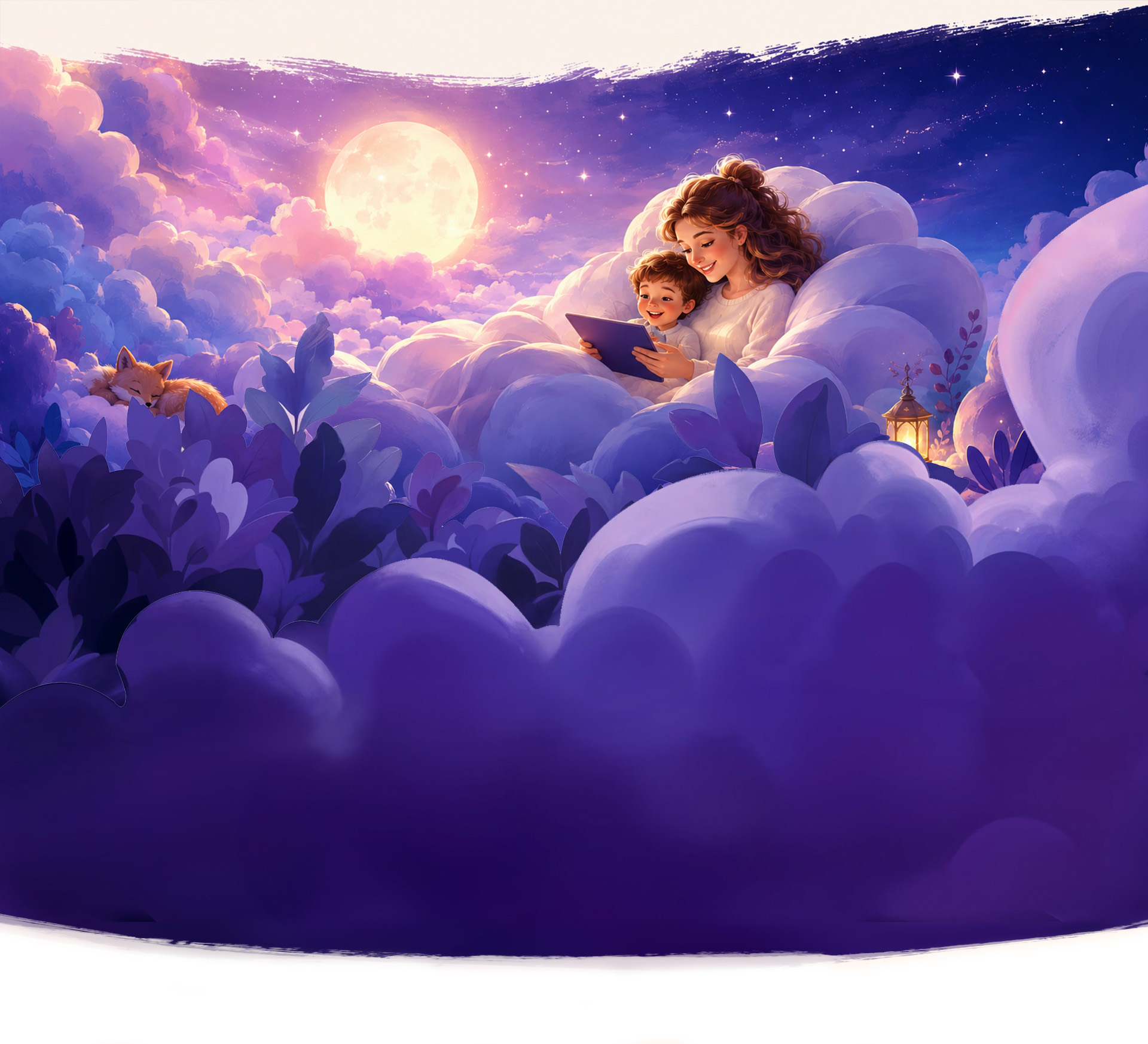 A mother and child reading a bedtime story among moonlit clouds